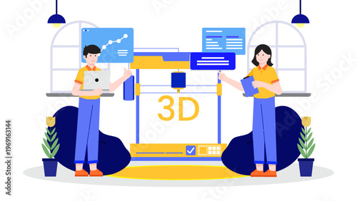 Experts using a 3D printer for industrial prototyping and manufacturing analysis in a tech-driven office