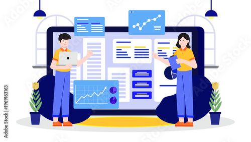Team of specialists analyzing smart city infrastructure and data sets on a large interactive digital screen