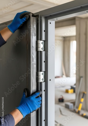 Door installation in new construction, metal door and frame with worker hands