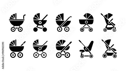 Collection of stylized black and white baby strollers in various designs