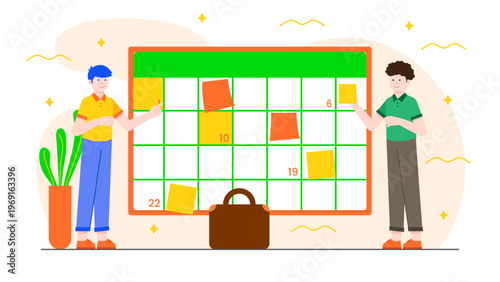Team of professionals organizing project tasks and schedules on a large calendar board with colorful notes