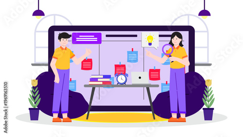 Professional team conducting a creative brainstorming session in a modern office with sticky notes on a board