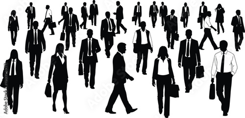 Business people silhouettes walking in crowd with briefcases and formal attire isolated on white background vector illustration corporate concept