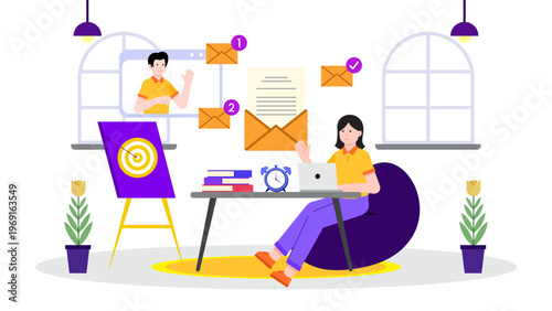 Female office worker managing digital communications and checking her email inbox on a laptop