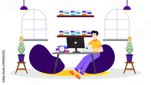 Modern workspace illustration showing an office worker using a computer and various productivity tools