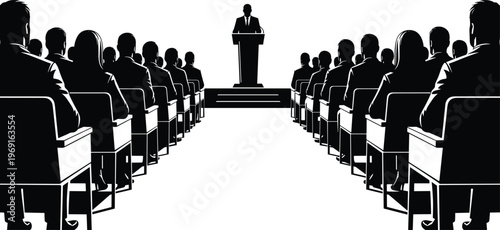 Business audience silhouettes attending conference presentation with speaker at podium on stage isolated on white background vector illustration concept