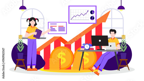 Business concept illustration of professionals monitoring rising costs and inflation trends with large coins