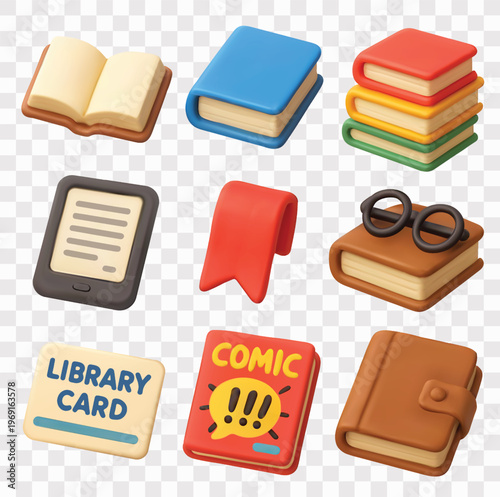 Books Vector Icon Set | 3D icon set | open book, blue book, stack of colorful books, e-book reader tablet, red bookmark, reading glasses on a book, library card, comic book, brown leather journal