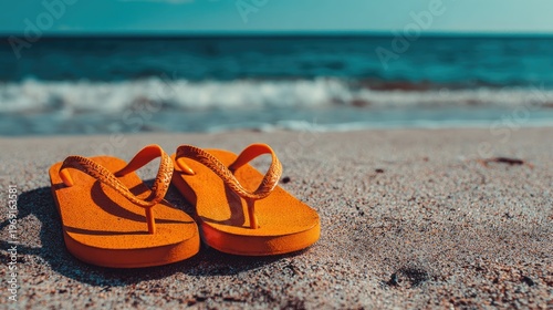 Orange flip flops on sandy beach with turquoise ocean background