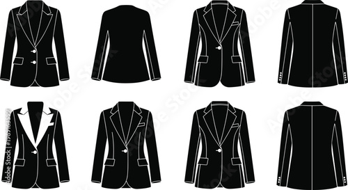 Women blazer jacket collection with multiple front and back styles formal fashion clothing isolated on white background vector illustration