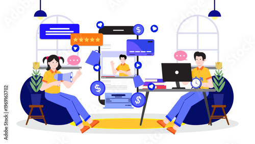 Digital marketing team collaborating on a social media influencer campaign and content strategy