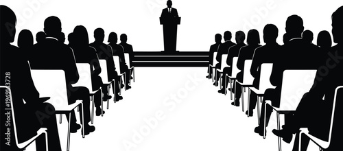 Business conference audience silhouettes listening to speaker at podium on stage isolated on white background vector illustration corporate presentation concept