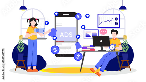 Young professionals creating digital marketing strategy and social media ads campaign on smartphone