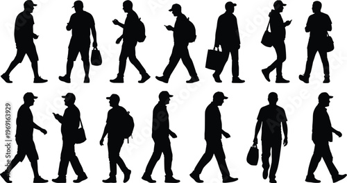 Casual people silhouettes walking with bags and backpacks in different poses isolated on white background vector illustration set