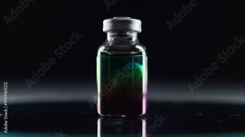 Vaccine vial, glowing green and purple liquid, dark background.