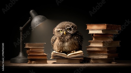 Wise owl wearing glasses reading with books and lamp in a studio setting