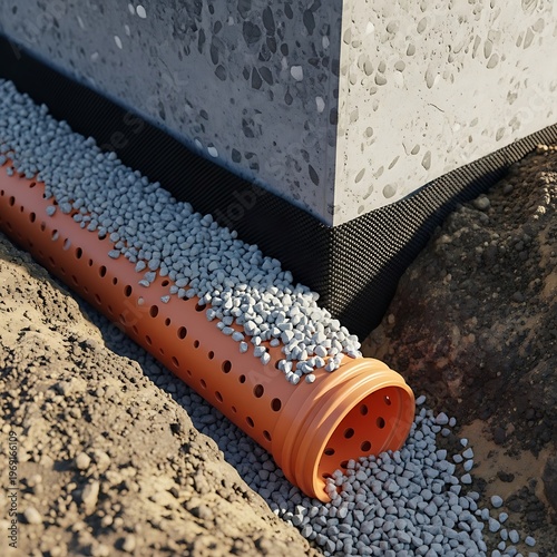 Foundation perimeter drainage system featuring perforated pipe installation