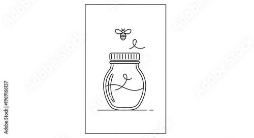 Charming minimalist outline drawing of a busy bee approaching its sweet honey harvest