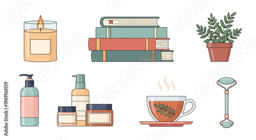 Mental Health Awareness Month Self Care Essentials Vector. Candle Books Tea Skincare and Face Roller Wellness Illustration
