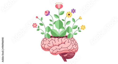 Mental Health Awareness Month Growing Brain Vector | Brain with Flowers Illustration for Mental Growth and Wellness