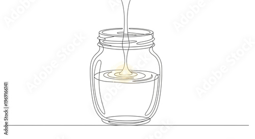 Minimalist continuous line art depicting golden liquid pouring into a clear glass jar creating