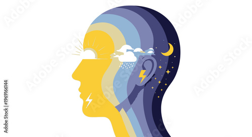 Mental Health Awareness Month Mood Swings Vector. Day Night Emotional Head Silhouette with Sun Rain Moon Illustration