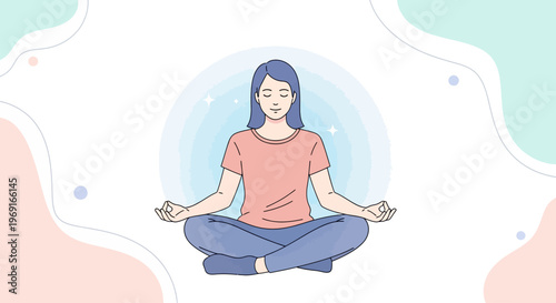 Mental Health Awareness Month Meditation Vector. Woman in Lotus Pose Mindfulness and Calm Illustration