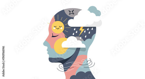 Mental Health Awareness Month Mood Swings Vector. Emotional Head Silhouette with Sun Rain Lightning and Angry Moon Illustration