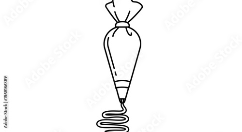 Minimalist black outline illustration of a pastry piping bag decorating tool with icing squeezed out