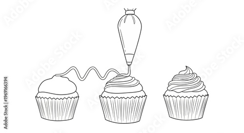 Illustrating the step-by-step process of frosting cupcakes with a pastry bag to create delectable