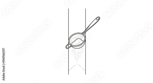Detailed line art drawing of a common kitchen utensil, a tea strainer, showing fine particles