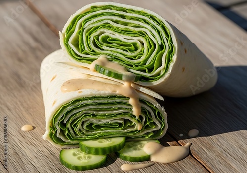 Fresh tortilla wrap with crisp lettuce, cucumber, and creamy sauce on wooden surface