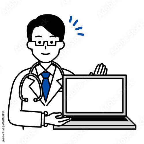ノートパソコンの画面を見せる医師の男性