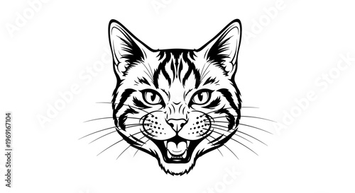 Detailed Black and White Tabby Cat Head Illustration Meowing
