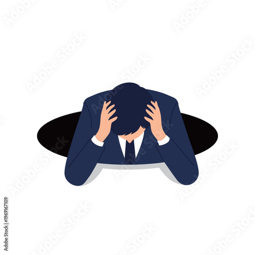 穴に落ちて頭を抱えるスーツ男性のシンプルイラスト、失敗や絶望感を表すビジネス人物素材