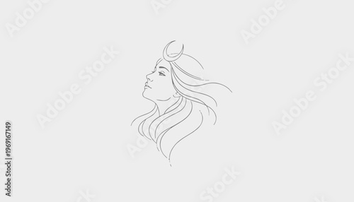 Minimalist line art illustration of a serene woman with a crescent moon, embodying celestial grace