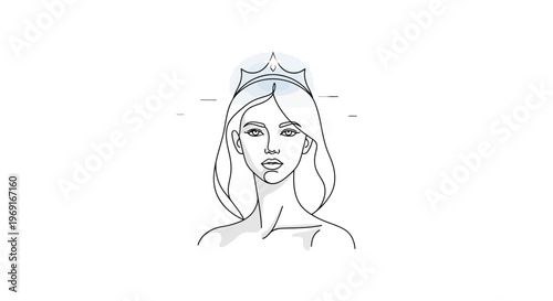 Minimalist Line Art Drawing of a Royal Female Figure Adorned with a Graceful Crown on a Clean