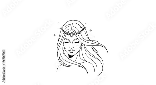 Elegant celestial maiden illustration with closed eyes and sparkling hair adornment embodying