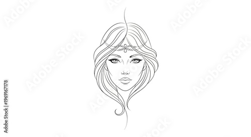 Elegant line art portrait of a woman with flowing hair and a delicate decorative headpiece
