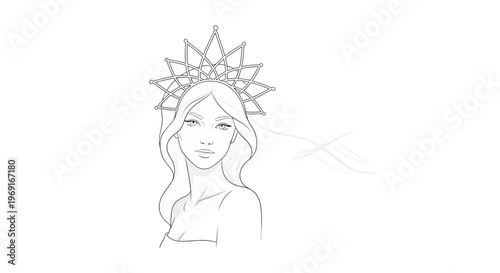 Elegant line art portrait of a woman with a magnificent geometric crown, minimal and sophisticated