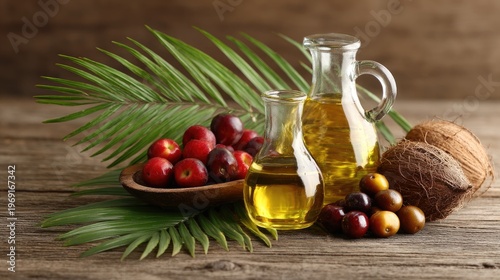 Palm oil fruits and coconut with oil in glass jars on a wooden table