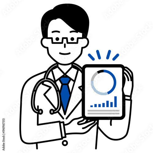 タブレットでグラフを見せる医師の男性