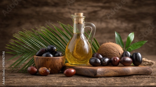 Palm oil products still life arrangement with leaves and wooden elements