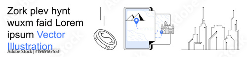 Travel planning, digital navigation, urban development, financial savings, technology integration, maps. A digital map on a device with a cityscape and a coin. Travel planning and digital navigation
