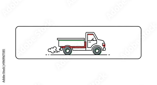 Stylized line art pickup truck driving forward emitting exhaust illustration minimalist design
