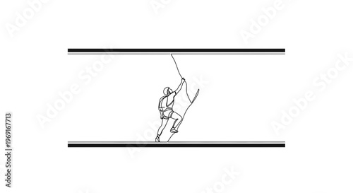 Dynamic single line art of an individual ascending a challenging rock face with rope gear