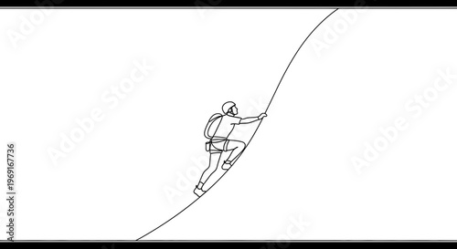 Striking minimalist line art portraying an adventurer bravely ascending a steep curved surface