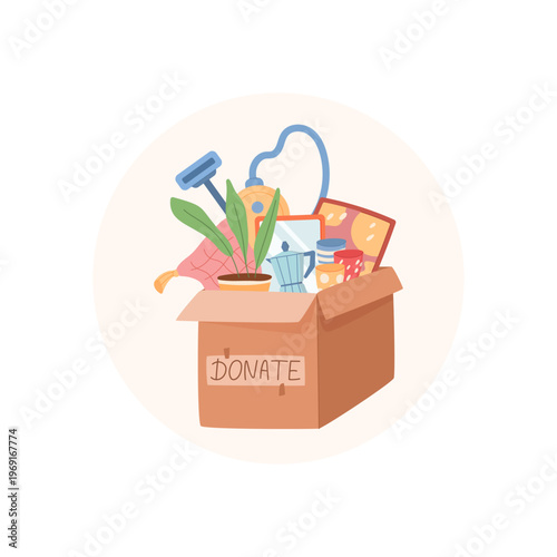 Circle charity label for donation box lid. Support gift container as home appliance and goods help for people in need. Simple flat icon community aid, welfare media and ngo awareness use