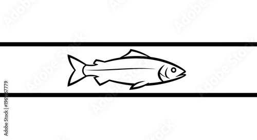 Minimalist graphic illustration of a sleek fish swimming between clean black horizontal lines