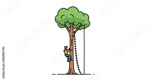 An illustrated depiction of a determined individual ascending a towering tree with effort and focus